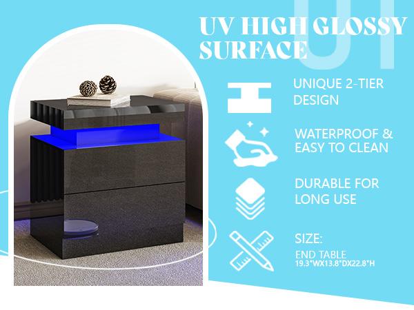 AMERLIFE High Gloss LED Nightstand Set of 2 with Charging Station, Modern Bedside Table Night Stand with LED Lights, Sofa End Side Tables with Drawers/Best Gift Ideas/Christmas Gifts