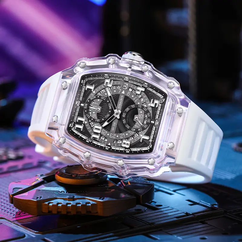 Ariel Men's Luxury Barrel-shaped Transparent Waterproof Quartz Watch for Outdoor, Back to School, Parties,design watch， business watch