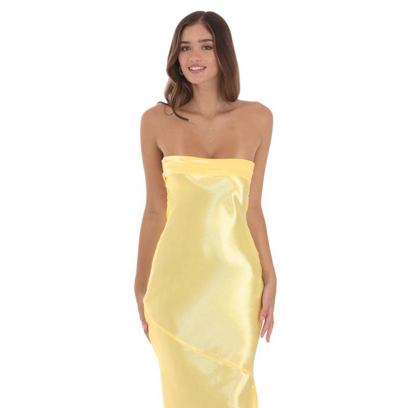 Strapless Satin Open Back Maxi Dress in Yellow
