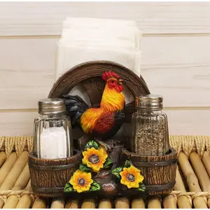 Rooster Chicken By Farm Barrels Wagon Wheels Napkin & Salt Pepper Shakers Holder