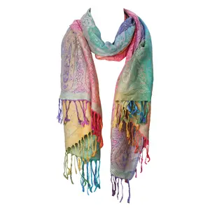 Bohemian Rainbow Gradient Paisley Jacquard Scarf Women's Satin Shawl Wrap with Fringe for Rave Festival