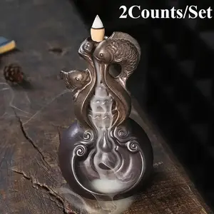 Backflow Incense Burner, 2 Counts/set Fish & Waterfall Design Incense Burner, Desktop Decoration for Home Office, Home Fragrance Supplies, Gift for Friend & Family