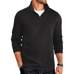 Men's Quarter Zip Pullover Lightweight Textured Sweatshirt Long Sleeve Casual Mock Neck Polo Shirts