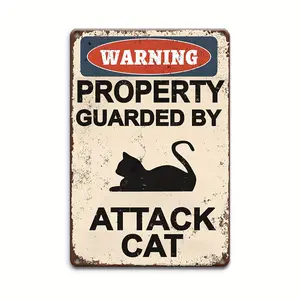 Attack Cat Warning Sign - Vintage Aluminum Yard Sign for Outdoor Wall Decoration - Multi-purpose Wall-mounted Metal Plaque - English - Perfect for Garages, Porches, Gardens, Bedrooms, Cafes, Bars, Holes - 12"x8" Vintage Poster Gift