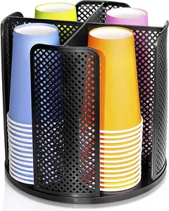 4 Compartment Rotating Cup Dispenser, Disposable Coffee Cup & Lid Holder, Space Saving Countertop Organizer for Kitchen & Coffee Bar (Black)