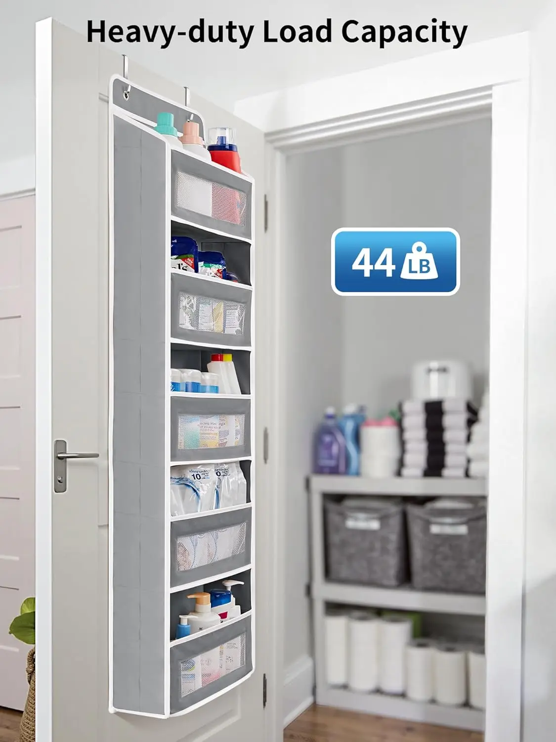 Heavy Duty 5-Tier Over-The-Door Organizer, Anti-Tilt Hanging Storage with Clear Window Pockets, Large Capacity Wall & Door Hanging Organizer for Bedroom Bathroom Pantry, Grey 1 Pack,dorm room inspo,college dorm essentials,dorm haul