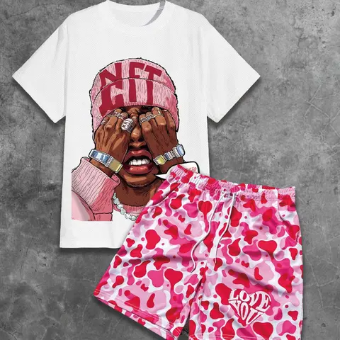 American Street Style Portrait Print Short-Sleeve T-Shirt & Camouflage Shorts Set Outfit, Summer Loose-Fit Two-Piece Casual Suit, Casual Tees Set