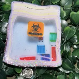 Phlebotomy Biohazard Bag with Collection Tubes Badge Buddy - Unique Design Featuring Purple Flowers and Glitter Accents