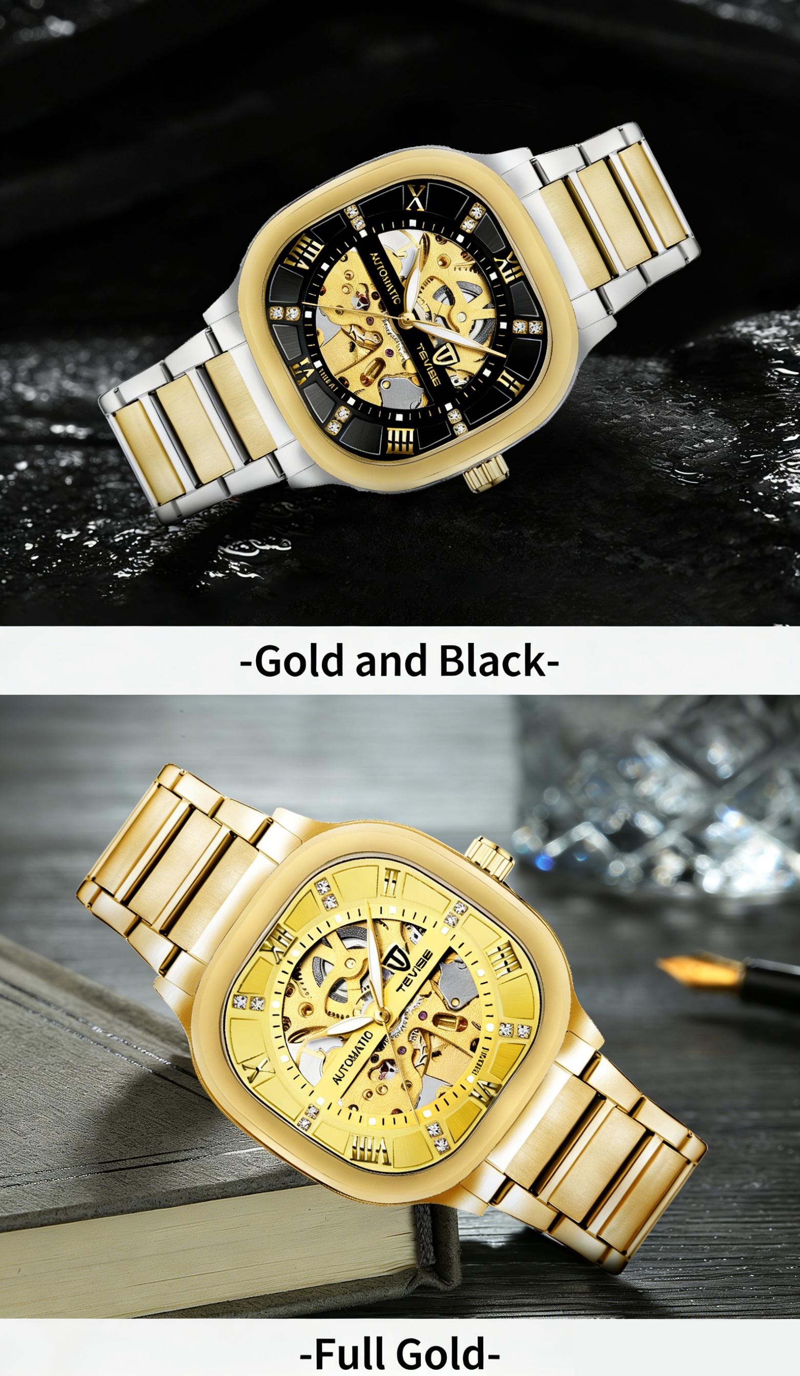Luxury Men's Skeleton Automatic Watch, Gold Accent, Square Case, Business Stainless Steel Timepiece