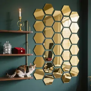 36 pieces of gold hexagonal flexible mirror stickers, self-adhesive non drilling anti shatter mirror tiles, dual-use for wall/table decoration, suitable for bathroom, bedroom, wardrobe decoration, dining table center decoration, Home Decor