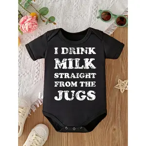 Cute Baby Bodysuit With I Drink Milk Straight From The Jugs Funny Text Print Soft Versatile Round Neck Button Detail Regular Fit All Seasons Knitted Fabric Onesie For 0-12 Months