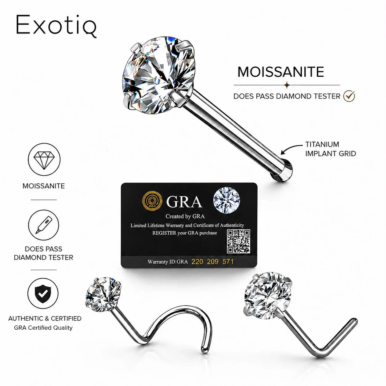 Moissanite Stone Titanium Nose Stud Piercing 18 Gauge L shape, Bol At the End, Corkscrew Moissanite Stone Passes Diamond Test Body Jewelry Nose Studs