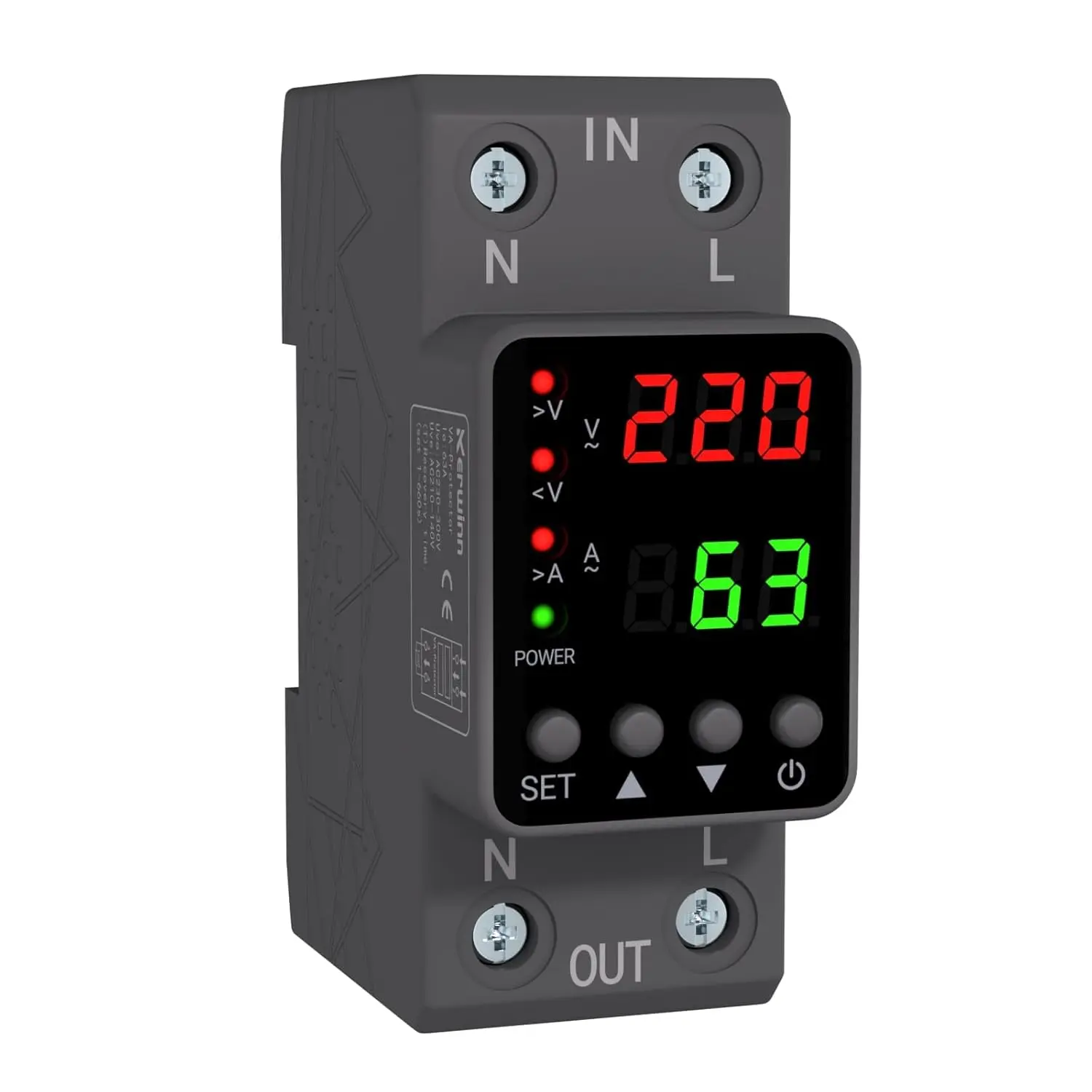Adjustable Voltage Protector 110V/220V, 80‑210V Undervoltage 130‑300V Overvoltage, Overcurrent Protection,1‑63A Adjustable Smart Circuit Breaker, AC DIN Rail Voltage Stabilizer (Grey)