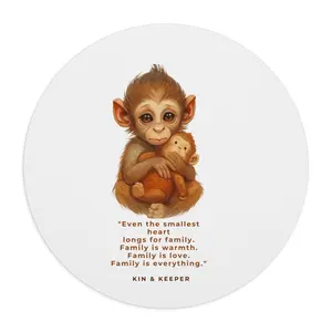 Punchi-kun Viral Baby Monkey Mouse Pad "Always By Your Side" Family Quote Non-Slip Desk Mat Soft Neoprene Surface Durable Rubber Base Round Shape