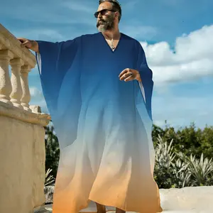 Men's Blue and Yellow Ombre V-Neck Pullover Flowy Summer Kaftan Long Robe, Gradient Sunset Ocean Print Lightweight Beach Cover Up, Breathable Short Sleeve Resort Lounge Sleep Shirt for Men