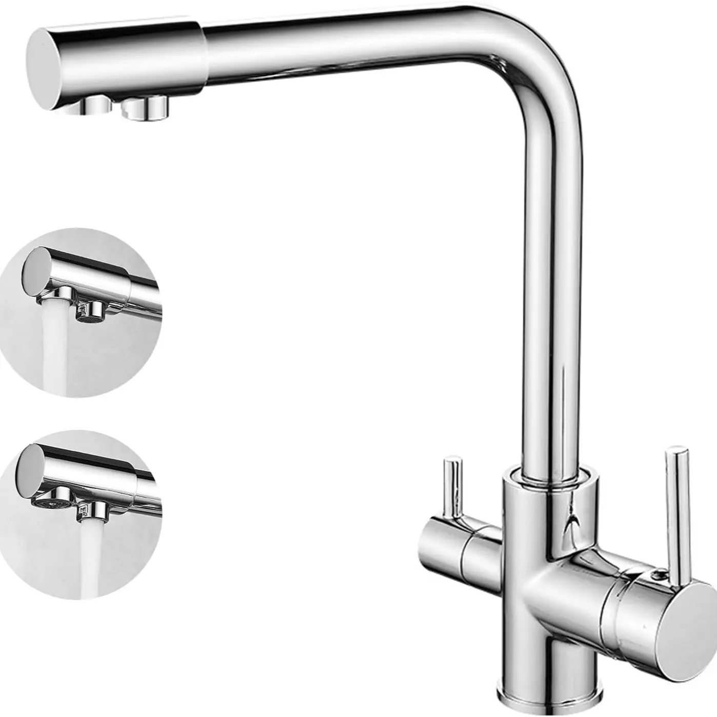 Three-way water purifier faucet, kitchen drinking water faucet, sink mixing faucet with rotating nozzle and two handles, hot and cold water filter faucet, three hoses and G3/8 adapter, 360° rotation, Double handle faucet, Kitchen Faucets