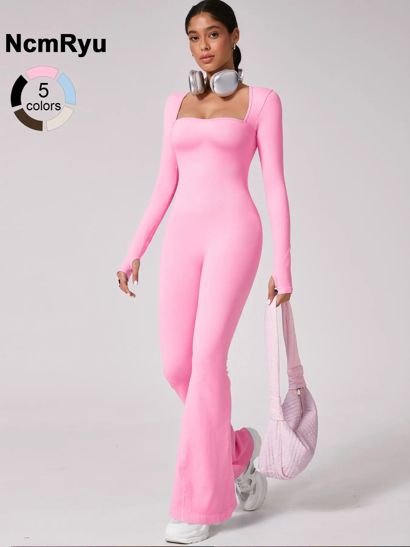 Women's patchwork high elastic square collar non-slip thumb buckle long-sleeved jumpsuit yoga suit hip-lifting wide-leg pants flared pants outdoor spo