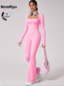 women's patchwork high elastic square collar non-slip thumb buckle long-sleeved jumpsuit yoga suit hip-lifting wide-leg pants flared pants outdoor sports hiking tennis cycling golf gym training autumn new fashion long-sleeved jumpsuit