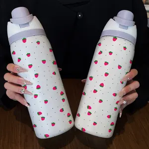 32oz Dual-Use Sports Water Bottle Tumbler, Hydration Tumbler, Artistic Strawberry Pattern, 304 Stainless Steel Vacuum Insulated, Large Capacity Fruit Cup, Perfect Gift