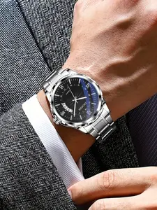 Men's Business Quartz Watch, Alloy Steel Band, Blue Light Calendar Gradient Color Sun Texture, New Arrival