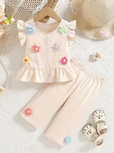 Girls' Light Peach Color Sleeveless Dress Set, Leaf Hem Top + Same Color Seven-Inch Pants, Floral Decor, Comfortable Spring Summer, Baby Girl Clothes