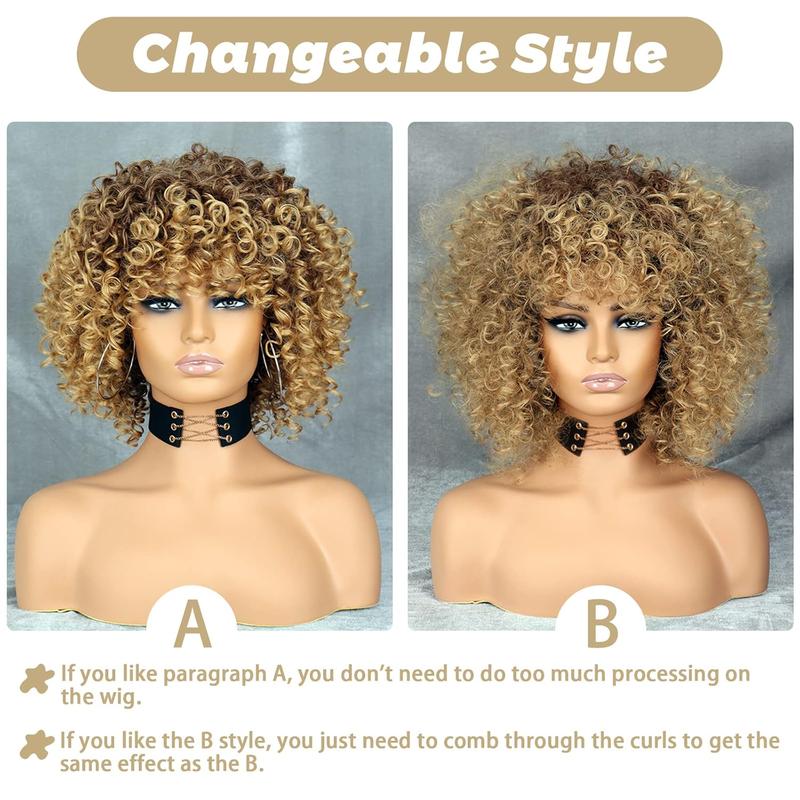 14 inch Blonde Curly Wigs 70s, Kinky Brown Mixd Blonde Afro Wigs for Black Women, Synthetic Afro Curly Blonde Wigs for Women (Brown to Blonde)