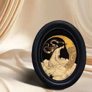 Vintage Luxury Gold Foil Moon Goddess Oval Frame Wall Art, Gold Mythical Cloud Girl & Moon Hanging Decor, Desktop Wall Decoration, Mystical Decor