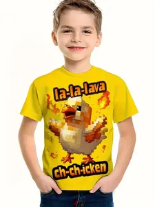 Pixel Chicken Walking Flames, Mysterious Slang Tagline, Adorable Kids Transform Into Game World Characters, Casual Fitted Top Without Zipper