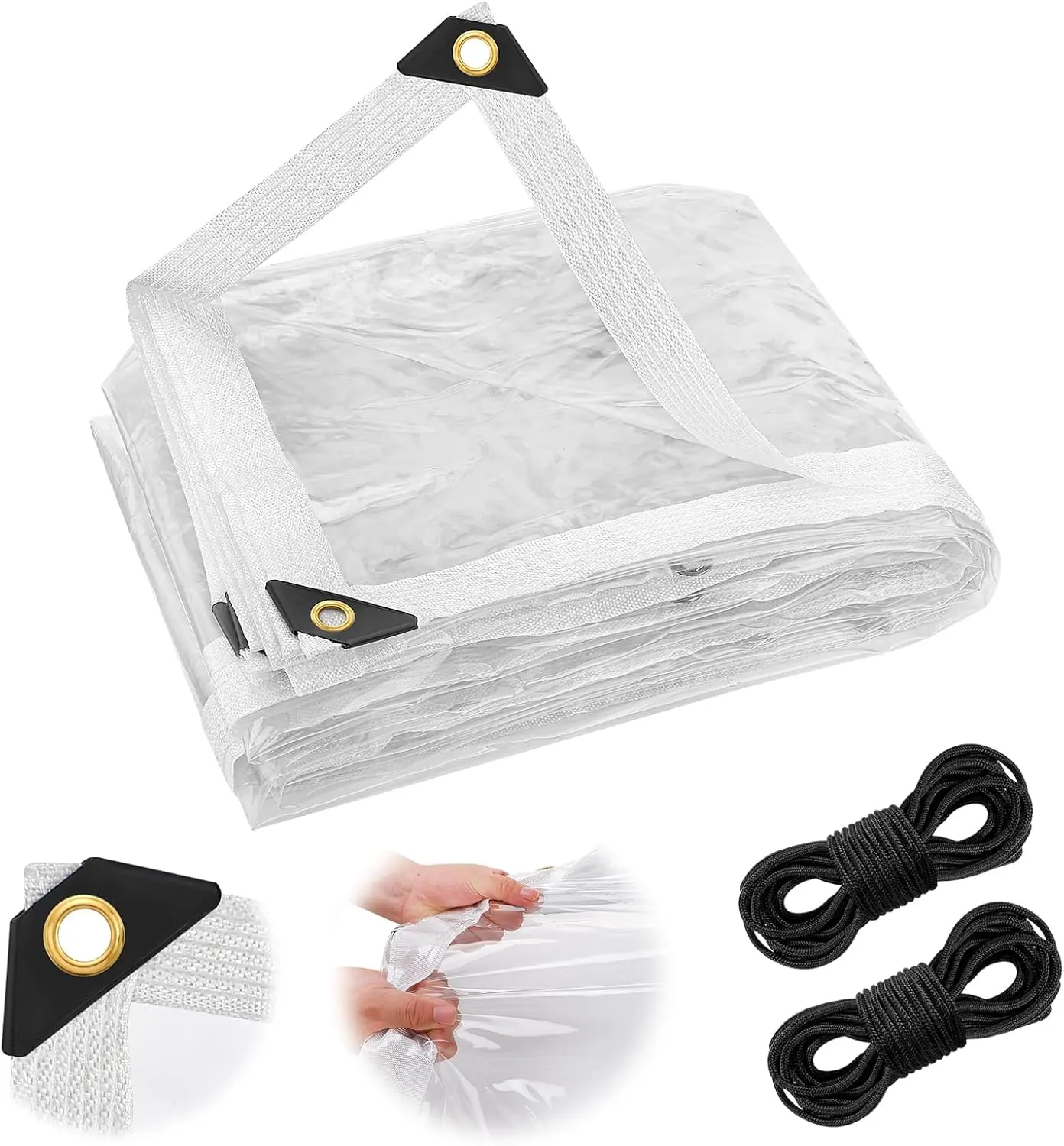 Heavy-Duty Clear Waterproof Tarp, Clear PVC Windproof Dustproof Transparent Cover with Reinforce Rivet, Triangle Metal Grommets & Draw Cords, All-Weather Outdoor Protective Sheet for Garden, Patio, Vehicle, Greenhouse & Household Daily Use