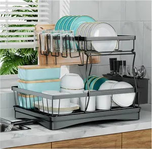 Stainless Steel Hanging Dish Rack Large 2-Tier Detachable Dish Drying Rack with Utensil Holder & Cup Rack for Kitchen Counter Easy Assembly No Tools Required - Set