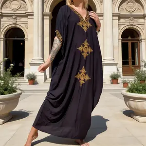 Gold Embroidered Long Dress V-Neck Caftan Beach Cover-Up for Women with Embroidery Casual Womenswear Vneck