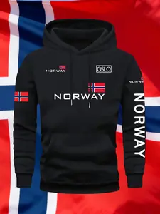 Men's Fall Winter Trendy Norway Flag Oslo Print Hoodie, Casual Fitted Pullover, Drawstring Pocket Design, New Fashion Sweatshirt
