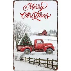 Metal Signs Merry Christmas Red Truck Tin Signs Winter Christmas sign Aluminum Sign for Living Room Bedroom Bar Cafe Yard Garden Office Wall Decor 12*8 Inch