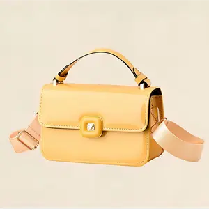 Yellow Patent Leather Handbag for Women, Cute Top Handle Crossbody Bag, Trendy Mini Shoulder Purse with Heart Lock, Fashion Satchel for Daily Use