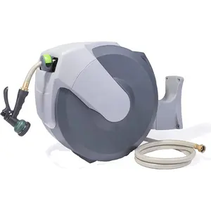 Retractable Garden Hose Reel By Jiarui 5/8-Inch Hose Connector, 50, 75 or 100ft, Heavy-Duty Durable Plastic Covering, Any Length Lock, Slow Return System, Wall Mounted and 180° Swivel Bracket