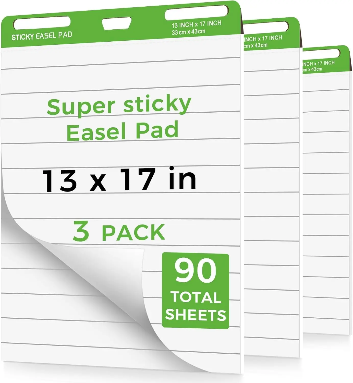 Sticky Mini Easel Pads 13 x 17 Inches, 3 Pack Anchor Chart Paper for Teachers, Self Stick Flip Chart Paper with Sticky Back for Classroom, Office, 30 Sheets/Pad (Lined)