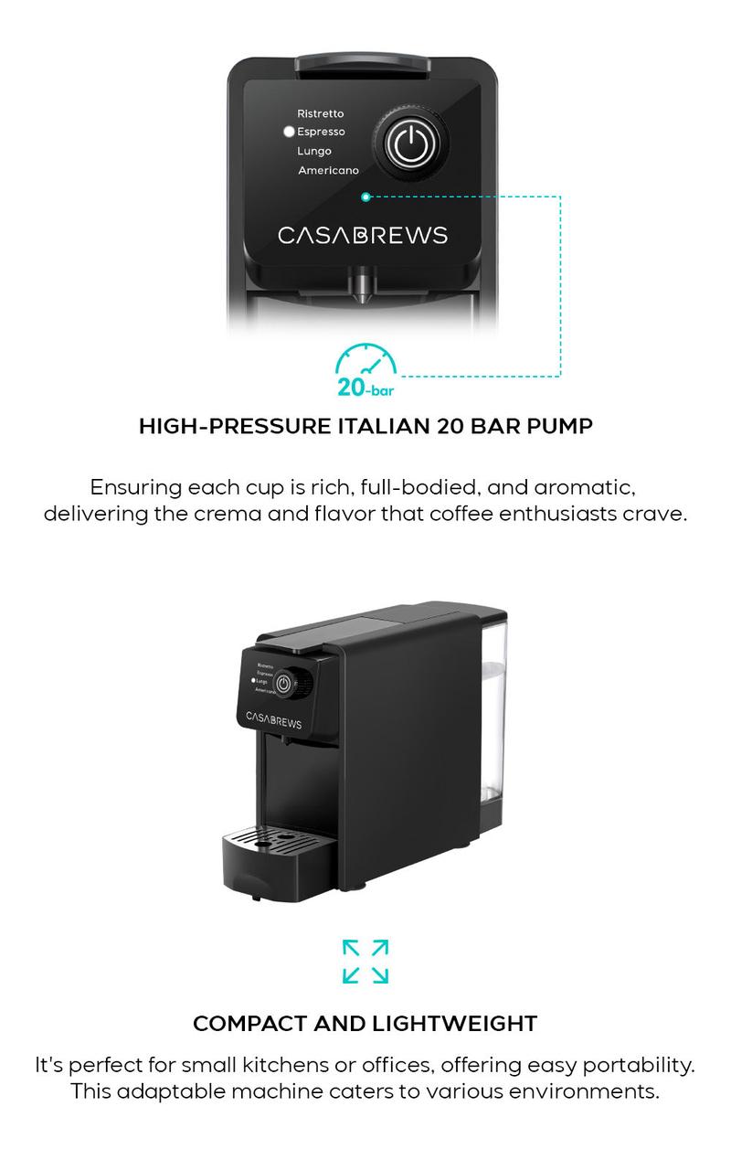 CASABREWS [CM7036E] Pod Coffee Machine, 20 Bar Coffee Machine with 4 Brewing Modes, Capsule Coffee Maker, Capsule espressomachines