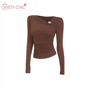 MISTY CHIC Viral Vintage American Aesthetic Long Sleeve Tee with Asymmetrical Neckline and Statement Metal Detail, Slim Fit Ruched Design, Perfect for Work, Brunch and Streetwear OOTDs That Slay With Polished, Edgy Vibe