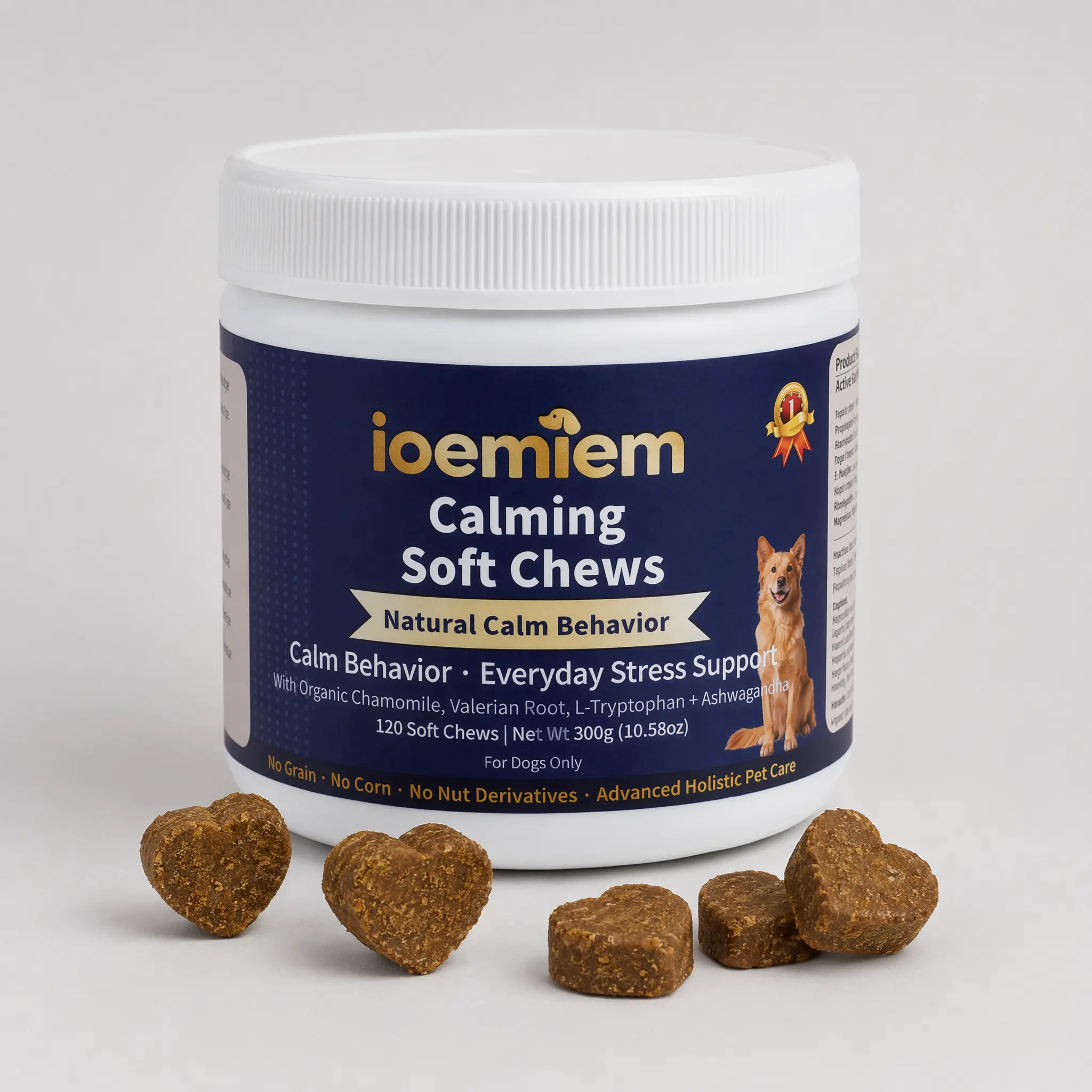 Ioemiem Calming Bites Herbal Supplements for Dogs - 120 Turkey Flavored Soft Chewables with Suntheanine & Ashwagandha for Stress Relief, Relaxation, Composure