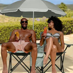 Outvita Folding Double Camping Chair w/Umbrella Beverage Holder Carrying Bag Cooler Fold Up Table, Large Bearing Capacity for Beach Patio Pool Park Outdoor Gray