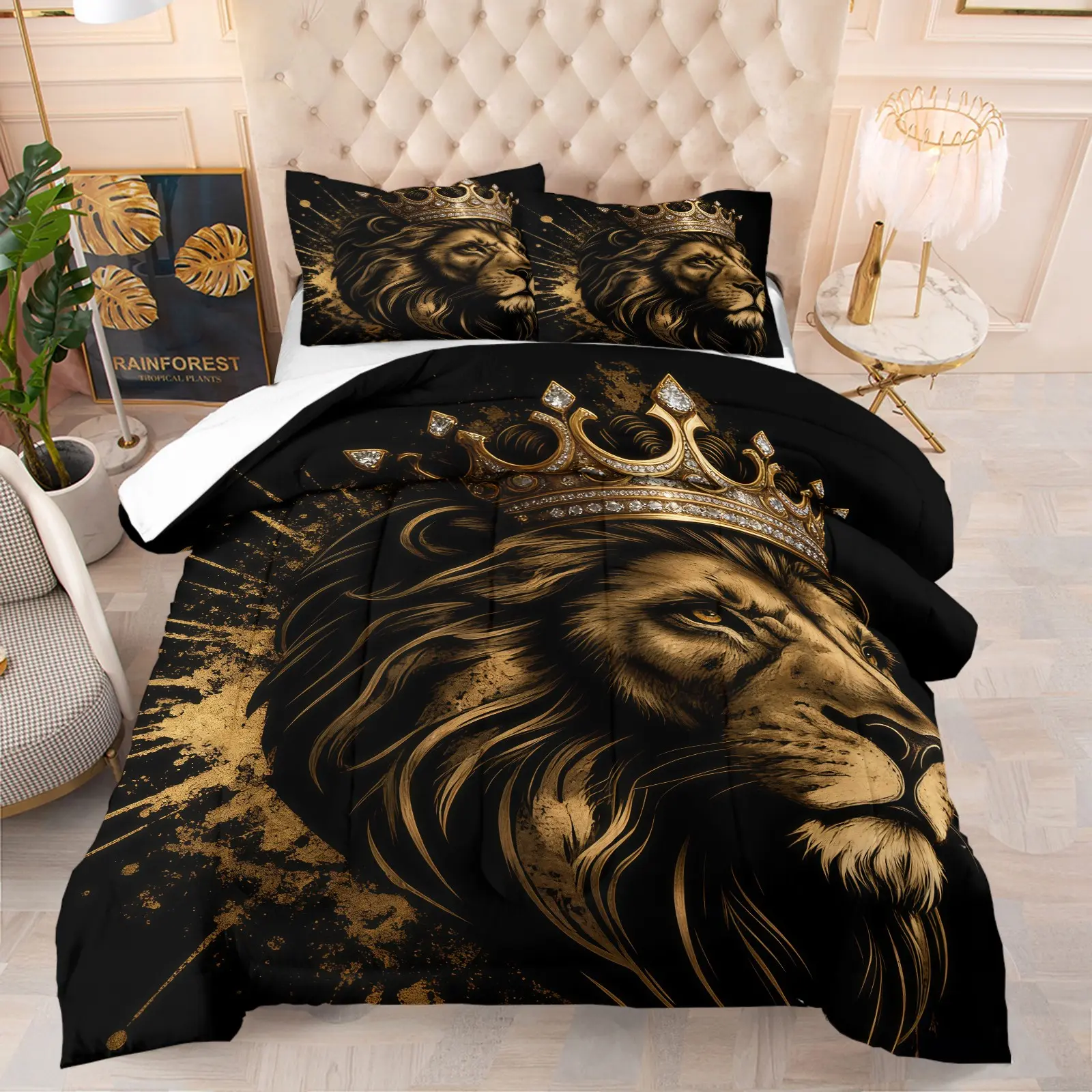 Crown Lion Patterned Bedding Set, Soft Adult Bedroom Decoration, Suitable For Giving To Friends And Family, As a Moving And Holiday Gift, Including 1 Blanket And 1 Or 2 Pillowcases Without Pillowcases, Comfy Bedding Sets