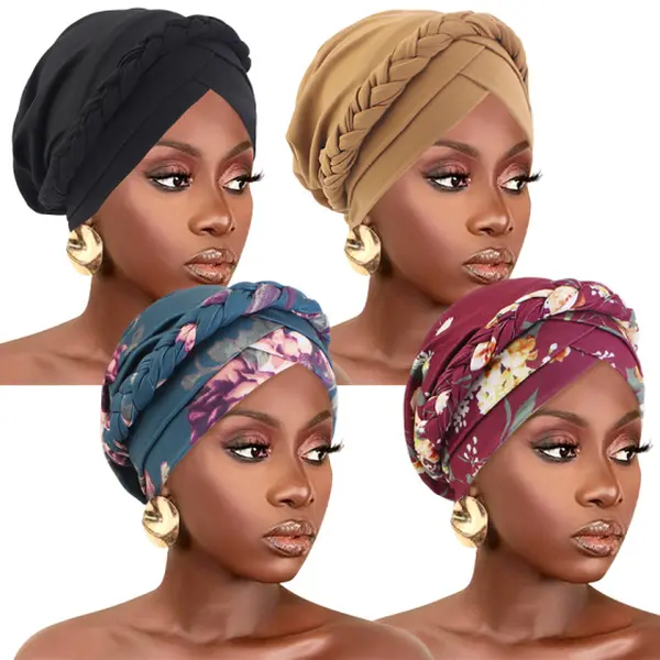 4pcs Women's Bohemian Turban Hat Set Double Cross-Strap Printed Braided Headscarf Caps 4pcs Women's Bohemian Turban Hat Set Double Cross-Strap Printed Braided Headscarf Caps