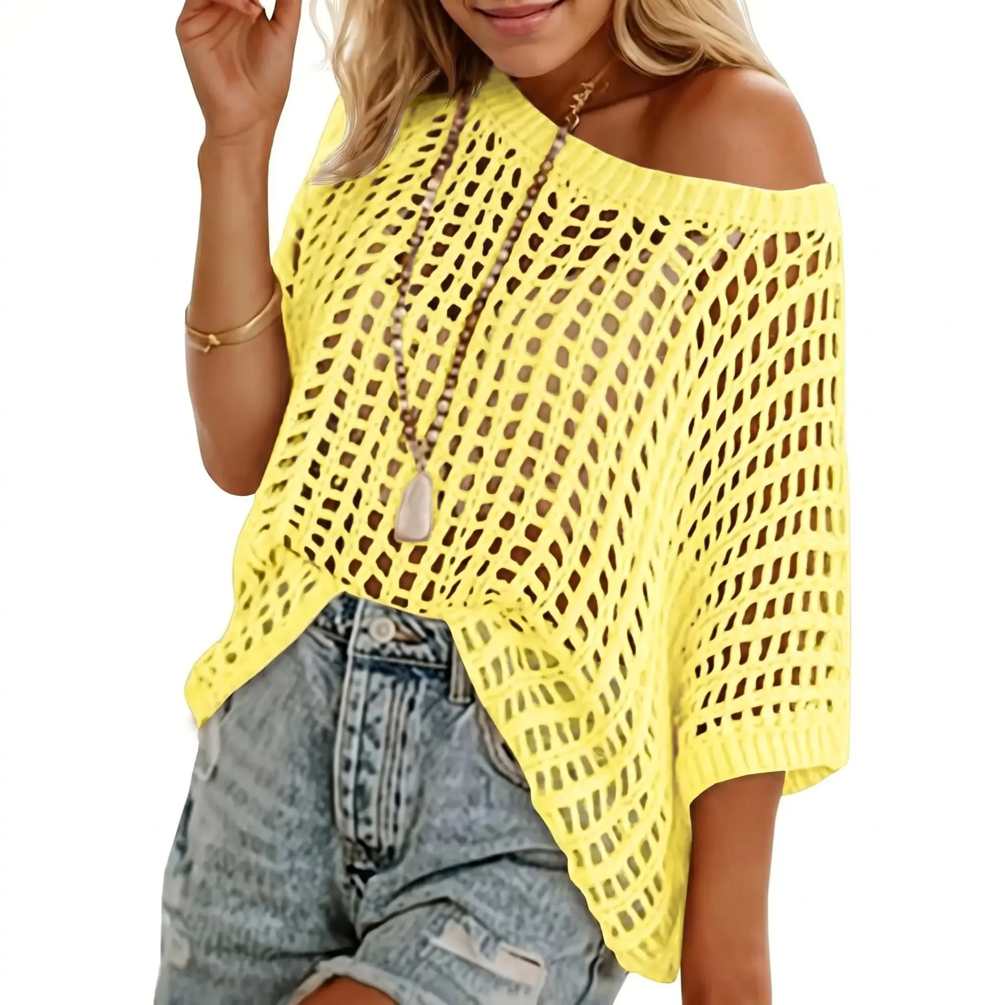 Beotyshow Womens Batwing Short Sleeve Crochet Sweater Tops Oversized Boat Neck Boho Knit Summer Beach Cover Ups