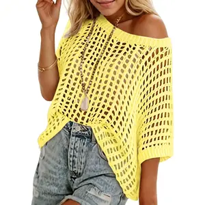 Beotyshow Womens Batwing Short Sleeve Crochet Sweater Tops Oversized Boat Neck Boho Knit Summer Beach Cover Ups