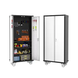 72" Tall Metal Storage Cabinet with Wheels, Heavy Duty Steel Tool Cabinet with Pegboard and 4 Adjustable Shelves, Lockable Rolling Garage Cabinet for Home Basement