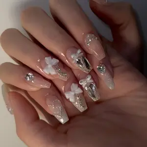 Glitter Bow Decor Fake Nail, Glittering Fake Nails & 1 Sheet Tape & 1pc Nail File, 30pcs Fashion Press on Nails for Women & Girls DIY Nail Art Elegant Stick on Nails Kit