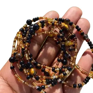Black Onyx & Tiger’s Eye Boho Black Waist Bead  Adjustable Stretch Cord Body Jewelry Set for Women