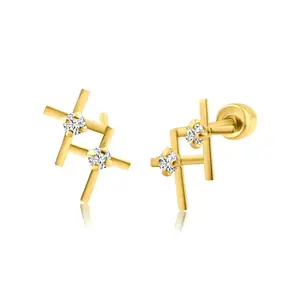 14K Yellow Gold Two Cross CZ Screw Back Earring