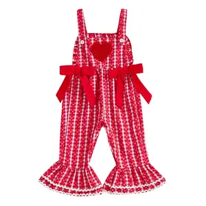 Toddler Baby Girl Valentine's St. Patrick Mardi Gras Outfit Sleeveless Suspender Overalls Pants Gingham Flared Bell Bottoms Romper Jumpsuit