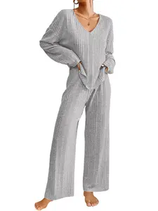 Women's Ribbed Knitted V-neck Long Sleeve Top and Wide Leg Pants Casual Pajama Set 2-piece Set Casual Pajama Set
